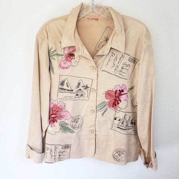 Hearts Of Palm Jackets & Blazers - Hearts Of Palm Women's Tan Embroidered Button Down Lightweight Jacket Coat